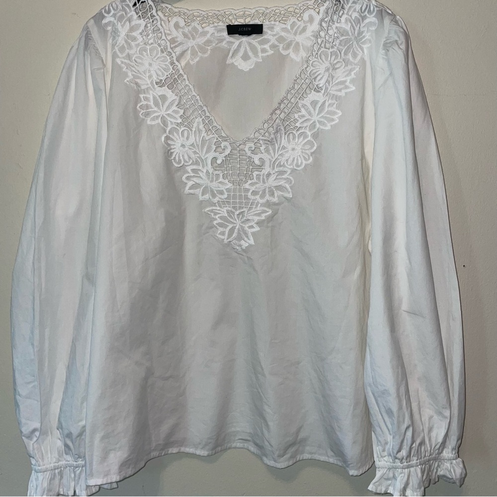 J. Crew White Floral Lace V-Neck Long Sleeve Blouse